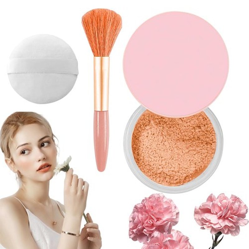 Beauty Blurring Powder,Beauty Setting Powder,Beauty Pink Setting Powder with Powder Puff Brush，Waterproof Setting Powder For All Skin Tones(Orange, 1 Set)