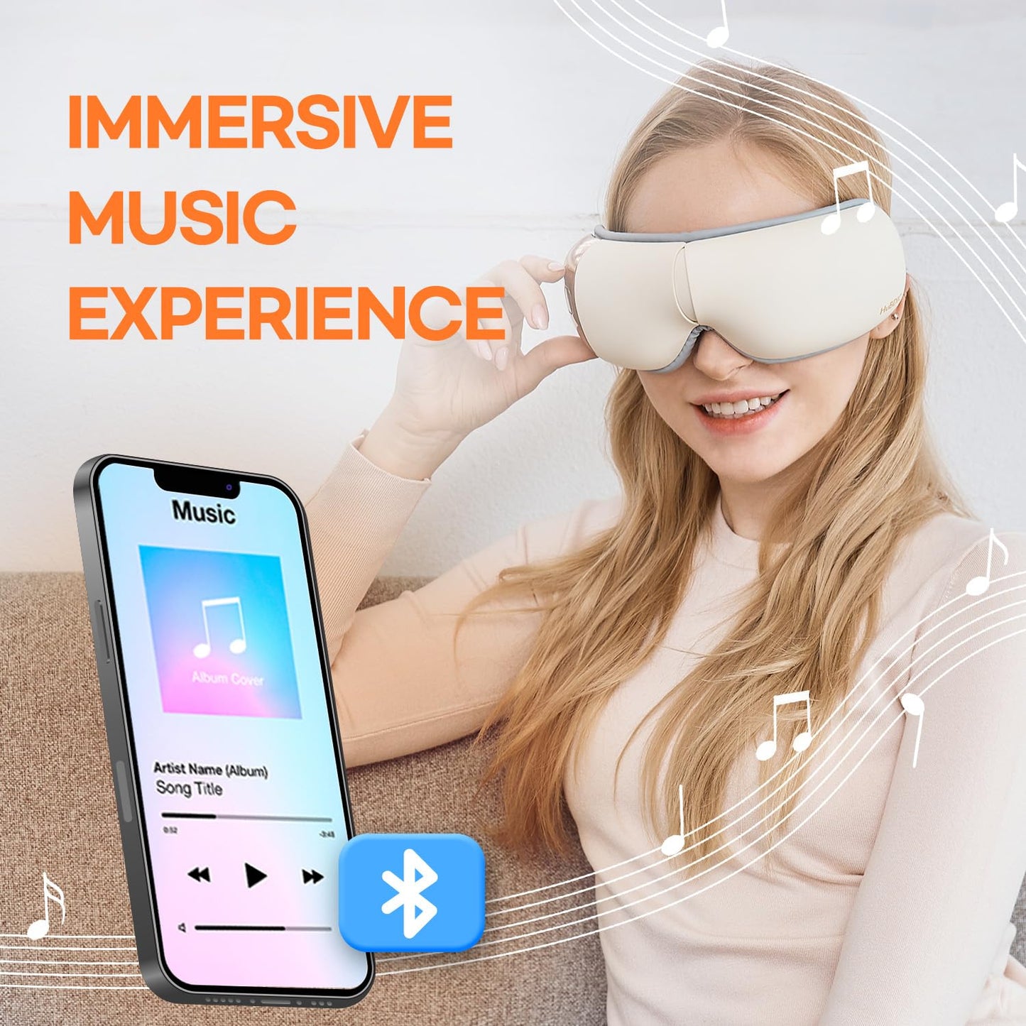 HuBDIC HubiCare Eye Massager with Heat, Heated Air Pressure Eye Mask for Migraines with Music, Smart Migraine Massager Reduce Dry Eyes Improve Sleep, Birthday Gifts for Women Men Mom Dad (Beige)