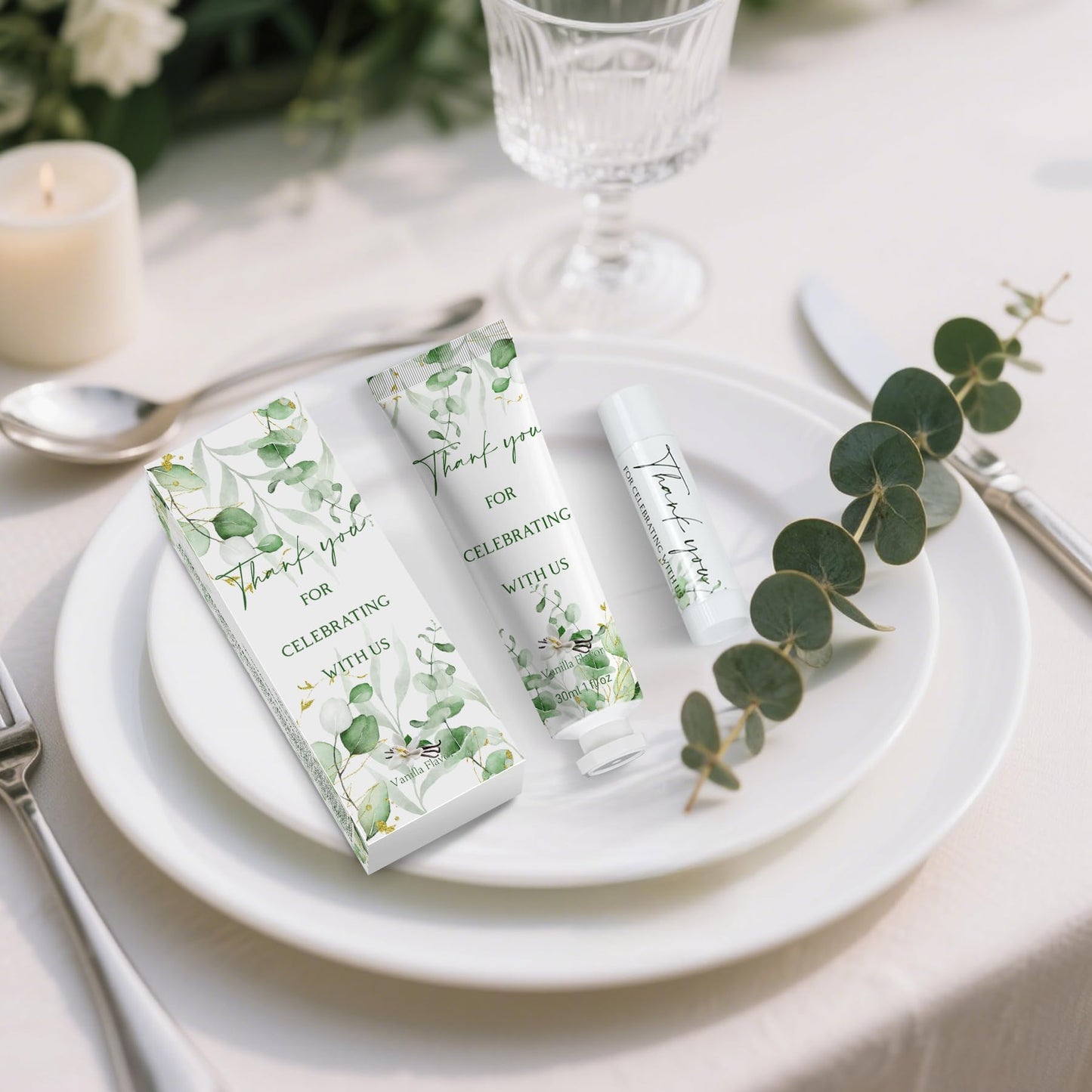 50 Sets Moisturizing Hand Cream Lip Balm Gift Kit for Wedding Return Thank You Welcome Gifts Sage Green Eucalyptus Leaf Theme Baby Shower Birthday Gifts Party Favors Games Prizes Winter Wedding Guests