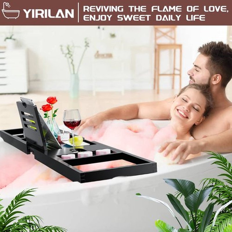 Yirilan Bathtub Caddy Tray, Foldable Bathroom Tray with Extending Side, and Waterproof Fabric Bookshelf, Luxury Bath Tray for 1 or 2 Person Bath and Bed Tray - Sister Gifts