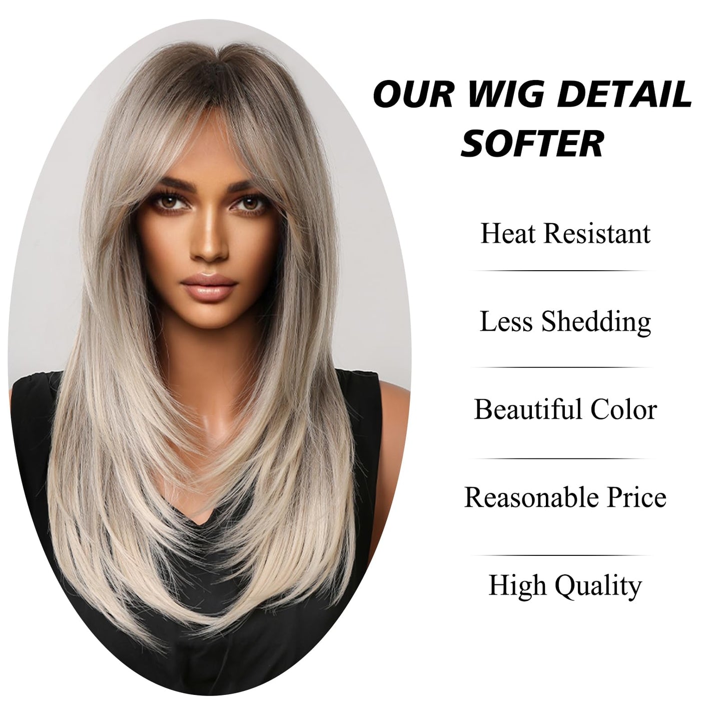 testar Ombre Gray Wigs With Curtain Bangs Long Straight Wigs for Black Women With Dark Roots Synthetic Layered Hair Wigs for Daily Use Natural Looking 24IN
