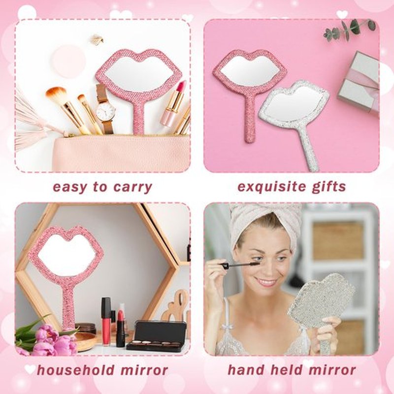 Tatuo 2 Pcs Rhinestone Mirror Handheld Bling Heart Lip Shaped Mirror Glitter Cosmetic Hand Mirror with Handle Portable Cute Travel Makeup Lash Mirror for Women Girls(Pink and White, Lip)