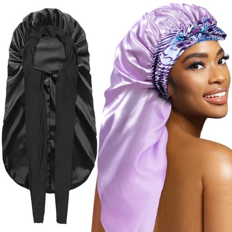 2Pack Bonnets for Black Women Braid Bonnet, Large Long Bonnet Satin Bonnet for Braids,Black Women Silk Bonnet with Stretchy Tie Band Braid Bonnet for Sleeping Extra Long (Black&Light Purple Pattern