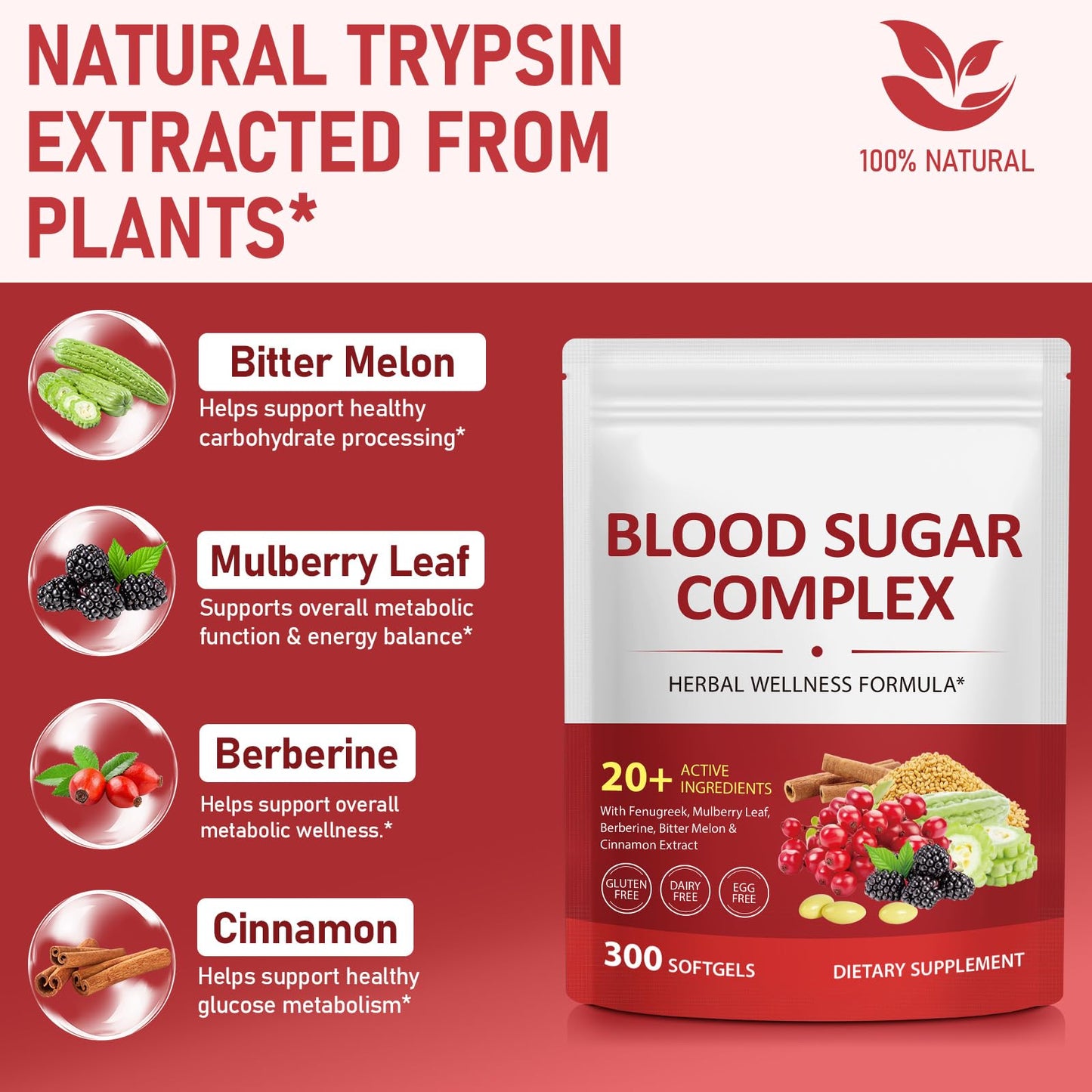 300 Softgels Blood Sugar Complex Supplement | 20+ Active Herbs-Berberine, Cinnamon, Bitter Melon, Mulberry Leaf, Fenugreek, Vitamins for Energy Level, Vitality Support | Clean Formula