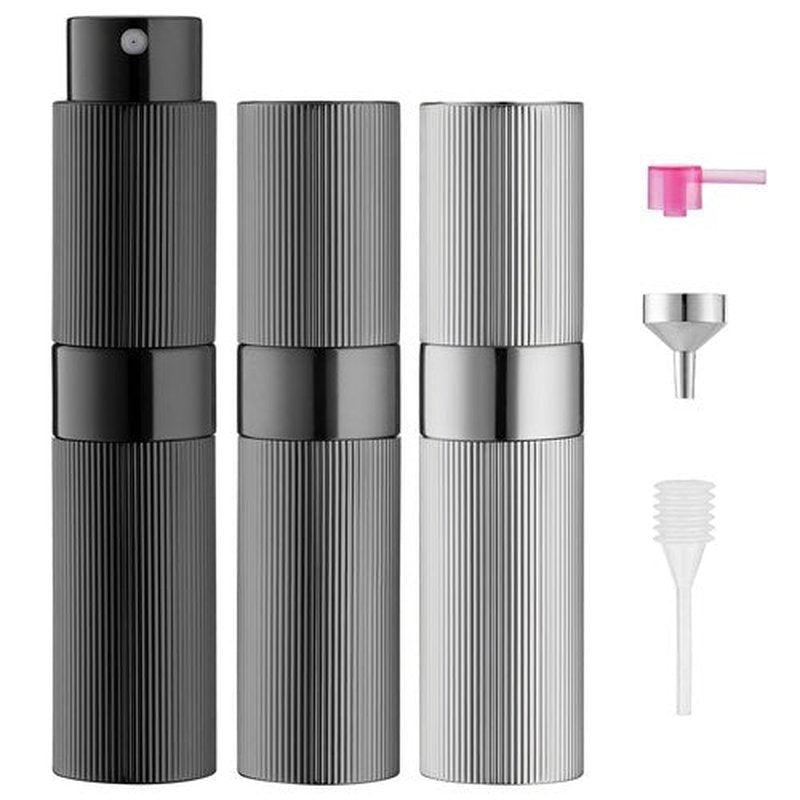 Lisapack 8ml Stripe Perfume Atomizer Spray Bottle, 3pcs Travel Cologne Sprayer Refillable, Empty Mini Portable Perfume Dispenser (Grey, Black, Silver)