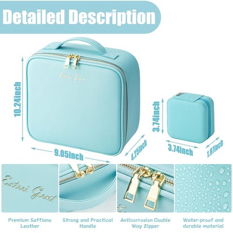 Makeup Travel Train Case with Mirror LED Light 3 Adjustable Brightness Cosmetic Bag Portable Storage Adjustable Partition Waterproof Makeup Brushes Makeup Jewelry Gift for Women (light blue)
