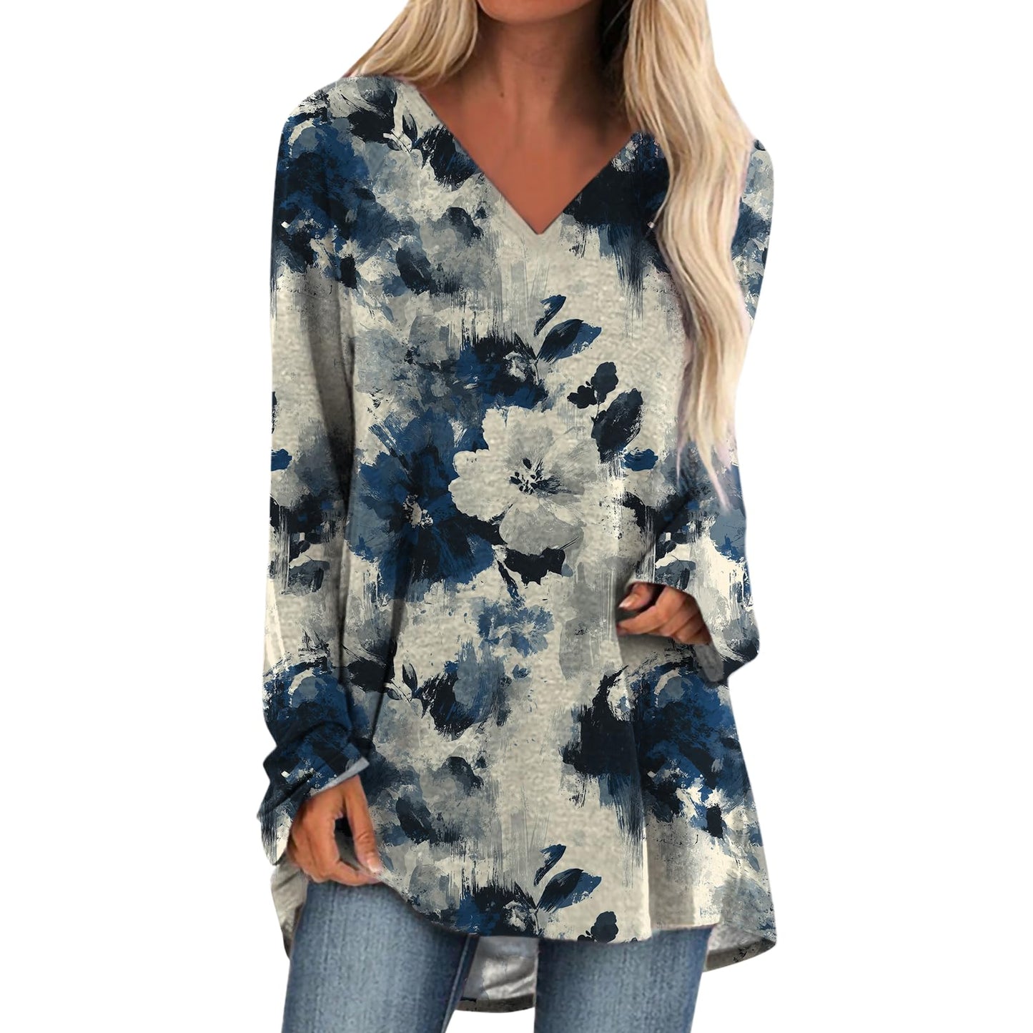 Womens V Neck Shirt Trendy Novelty Boho Ink Wash Art Print Loose Fit Long Sleeve Tunic Tops Plus Size Unique Artistic Design Spring Fall Casual Blouse Lightweight Hi-Low Hem Beach Vacation Outfits,2XL