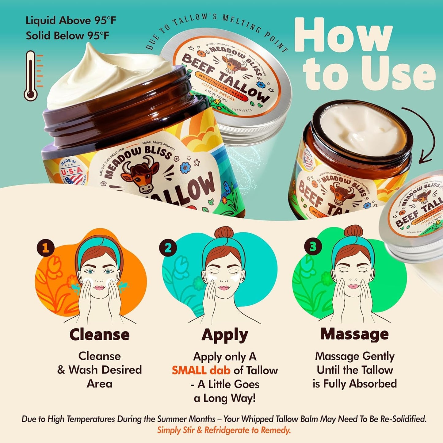 Beef Tallow for Skin - Moisturizer Cream - 100% Grass Fed - Whipped Beef Tallow - Organic Jojoba Oil - Organic Shea Butter - Supports Eczema, Rosacea+ - Made in USA - Citrus Breeze - 4 oz