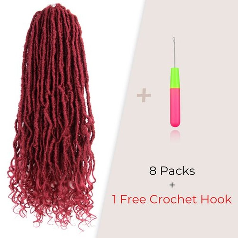 Niseyo Wild Locs 18 Inch Distressed New Faux Locs with Curly Ends 8 Packs Long Soft Pre-looped Goddess Locs Crochet Hair (118#, Burgundy)