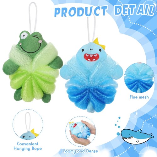 Nuenen 2 Pcs Bath Loofahs Kids Toddler Body Loofahs Cute Cartoon Kids Loofah Kid Bath Sponges Loofah Bath Pouf Body Scrubber Mesh Loofah Sponges for Children Shower Washing (Shark, Frog)