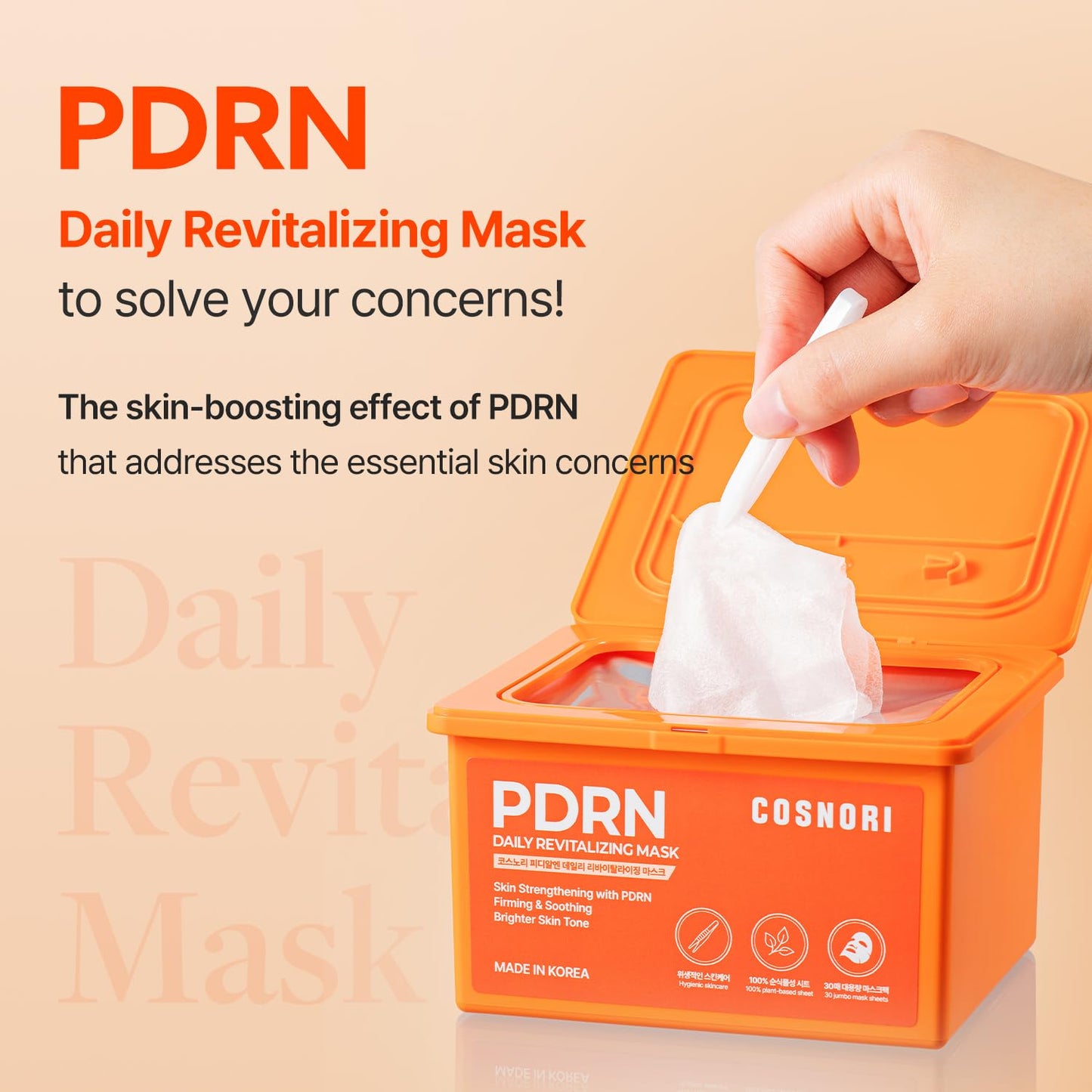 COSNORI PDRN Daily Revitalizing Mask - Skin Strengthening with PDRN, Firming & Soothing, 100% Plant-Based Sheet Mask, 30 Sheets, 11.83 fl.oz