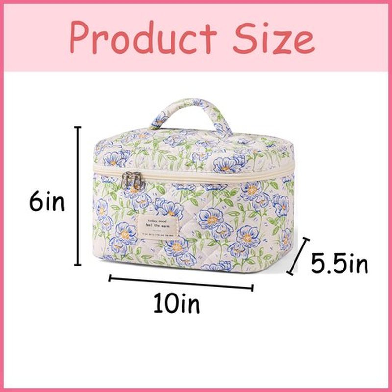 uekeboag Large Travel Quilted Makeup Bag for Women, Floral Cotton Cosmetic Bag, Coquette Aesthetic Floral Toiletry Organizer Bag (02Blue-Flower)