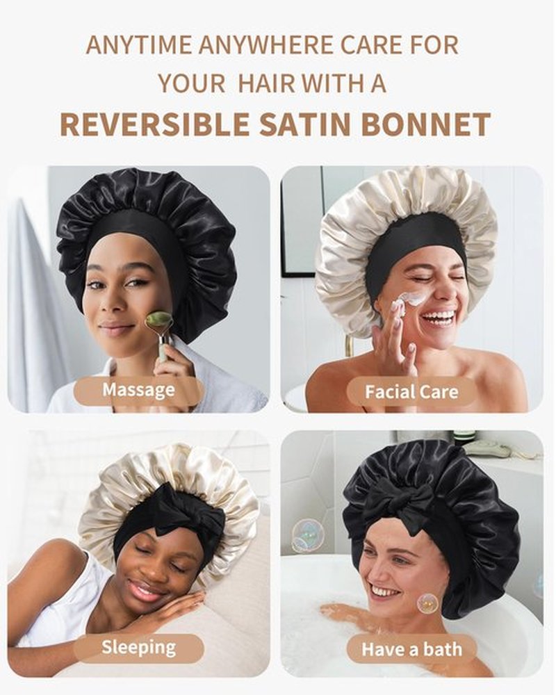 Satin Bonnet for Women Silk Bonnets for Sleeping Curly Hair Bonnet with Elastic Tie Band Reversible Double Layer Sleep Cap Hair Wrap (Black + Champagne)