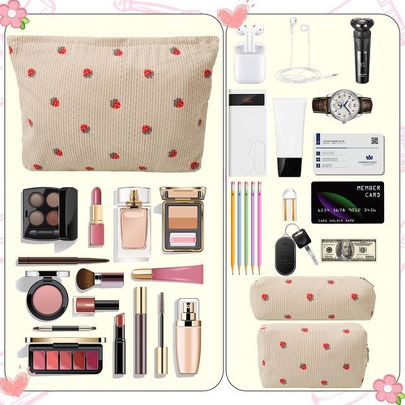 LYDZTION 3Pcs Corduroy Makeup Bag Cosmetic Bag for Women, Strawberry Makeup Bag Cute Small Makeup Bag Storage Bag Travel Toiletry Organizing Bag Pouch,Strawberry
