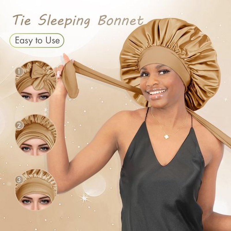 BONNET QUEEN Large Satin Bonnet Silk Bonnet for Sleeping Women Hair Bonnet Big Bonnet Night Sleep Cap Scarf Wrap for Curly Hair with Tie Band Yellow Gold