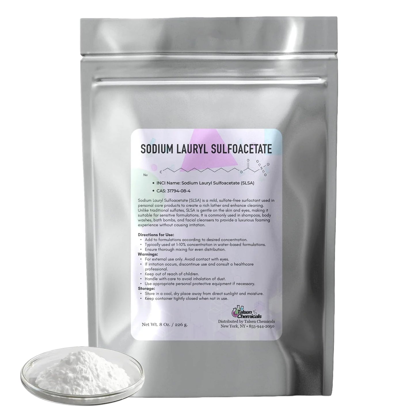 SLSA Sodium Lauryl Sulfoacetate Cosmetic Grade 8 oz / 226 g - Organic Gentle Foaming Surfactant for Shampoos, Body Washes, and Bath Bomb DIY Personal Care Supplies by Talsen Chemicals