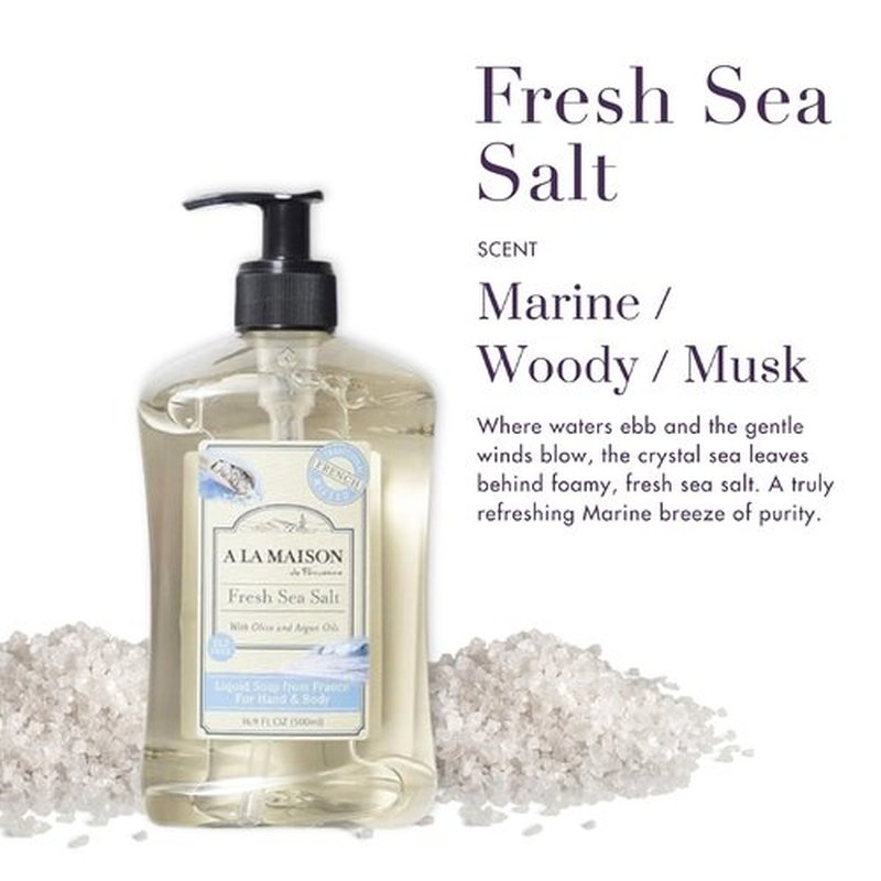 A La Maison de Provence Fresh Sea Salt Liquid Hand and Body Soap (Pack of 2) With Olive Oil, Coconut Oil and Vitamin E, 16.9 fl oz Each