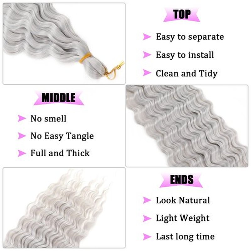 ZRQ Grey Ocean Wave Crochet Hair 30 Inch 7 Packs Long Deep Wave Crochet Hair Wavy Bohemian Braiding Hair Deep Twist Crochet Hair Synthetic Curly Crochet Hair For Women #Grey