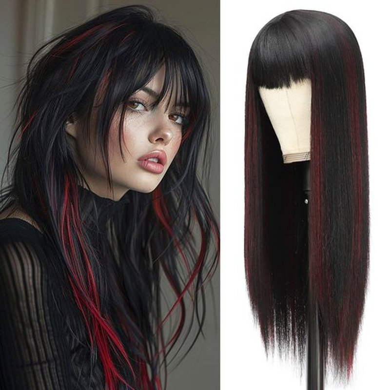 Amarlis Black with Red Wigs for Women, Long Straight Stripes Color Wigs with Bangs, Natural Looking Soft Synthetic Fiber Wig for Daily Party