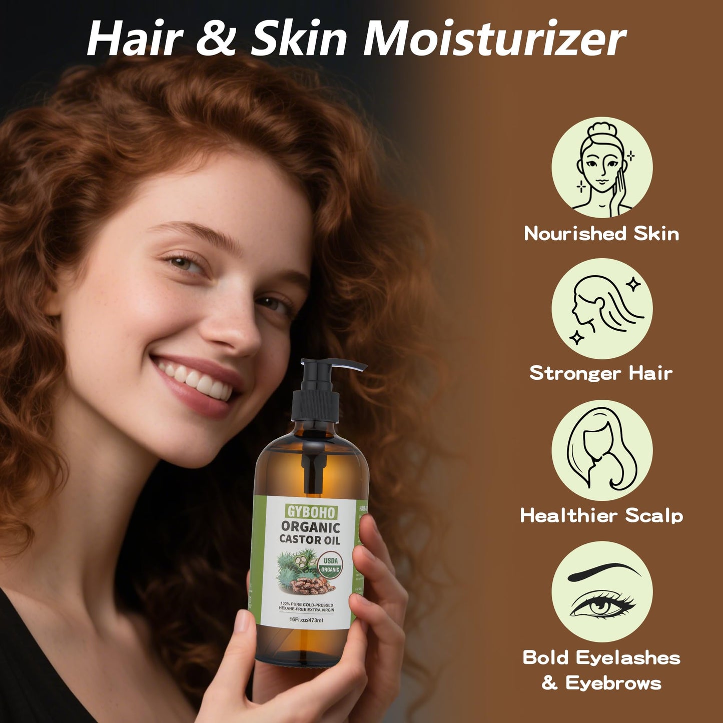 Castor Oil Organic for Pack Wrap, Liver Detox, Hair Growth -Face-Lashes & Eyebrows,Cold pressed,Glass Bottle Packaging(16oz)