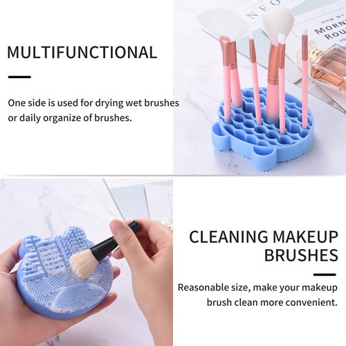 Silicon Makeup Brush Cleaner Mat with Brush Drying manual Make up brush cleaner cleanser machine Cosmetic Brush Cleaning Pad+Makeup Brush Dry Cleaned Quick Color Removal Sponge Scrubber Tool(Blue)