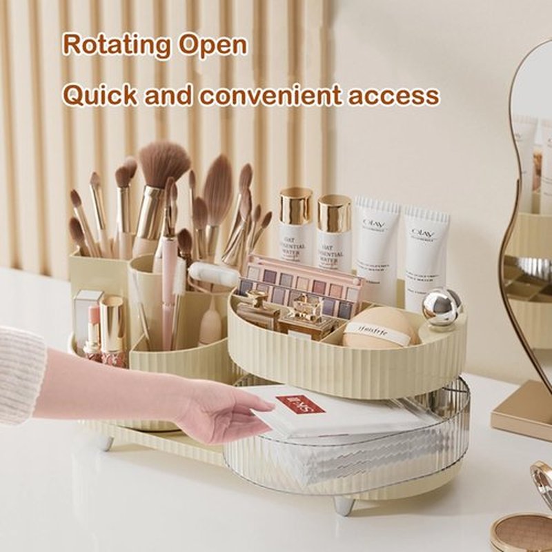 Artcochan Makeup Organizer Countertop 360°Rotating Makeup Organizer for Vanity - Make Up & Jewelry Storage Cosmetic Storage Holder with Makeup Brush Holder and Jewelry Storage (3 Tiers, Cream)