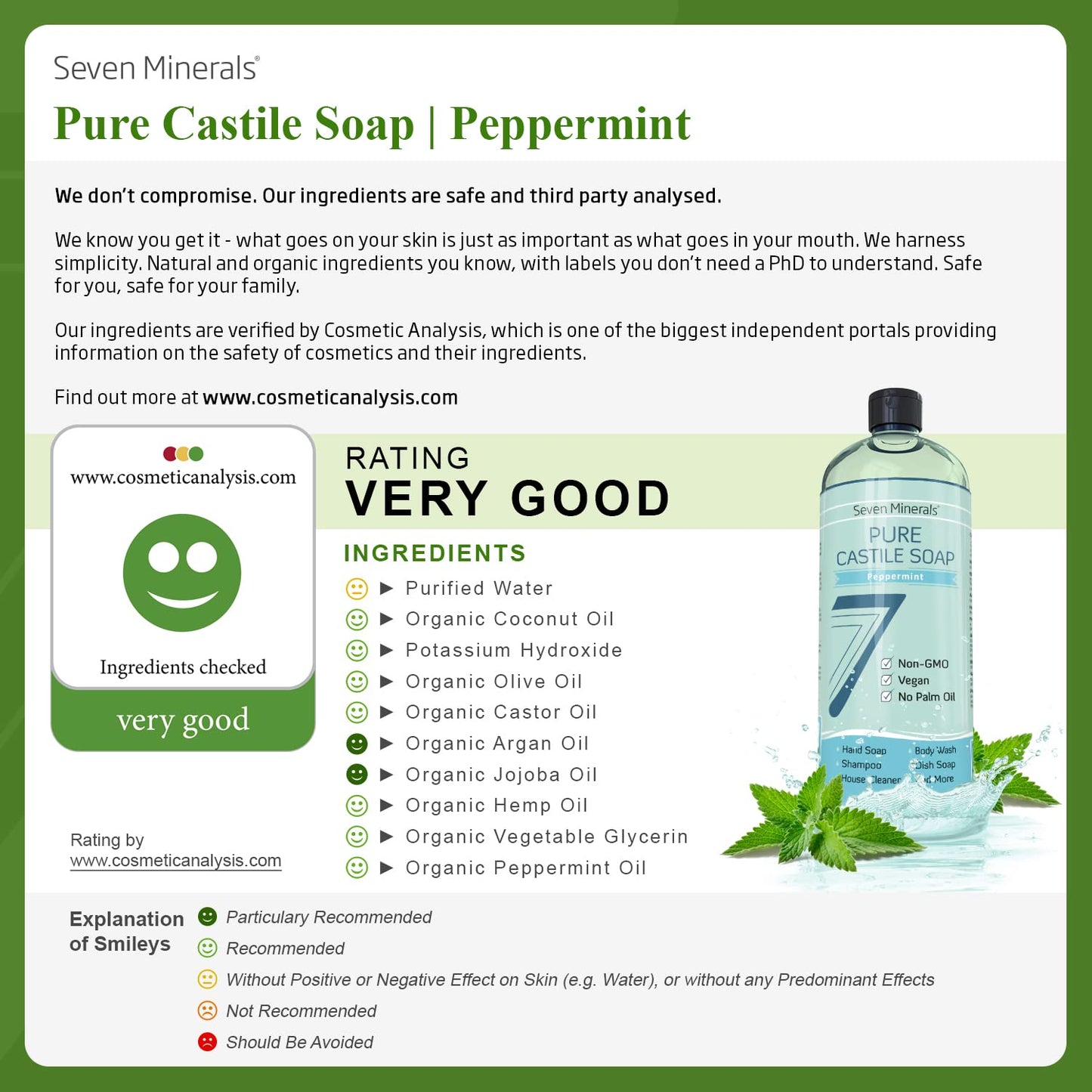 Seven Minerals Pure Castile Soap, Peppermint - No Palm Oil, GMO-Free - Gentle Liquid Soap For Sensitive Skin & Baby Wash - All Natural Vegan Formula with Organic Carrier Oils (33.8 fl oz)