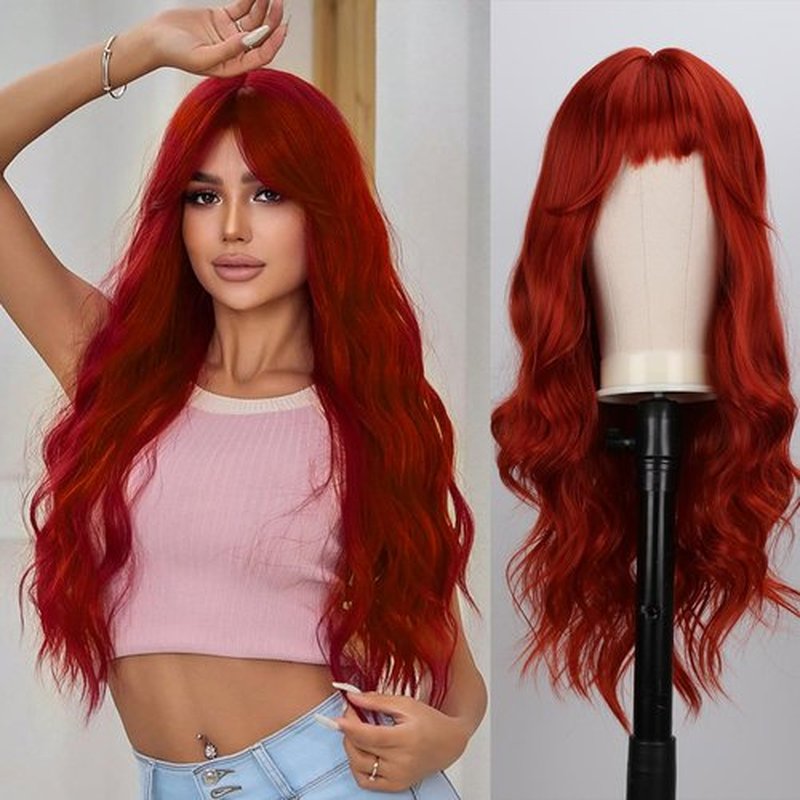 TOPHR Long Red Wig with Bangs 26 Inch Natural Wavy Heat Resistant Fiber Synthetic Red Wigs for Women Daily or Party Use