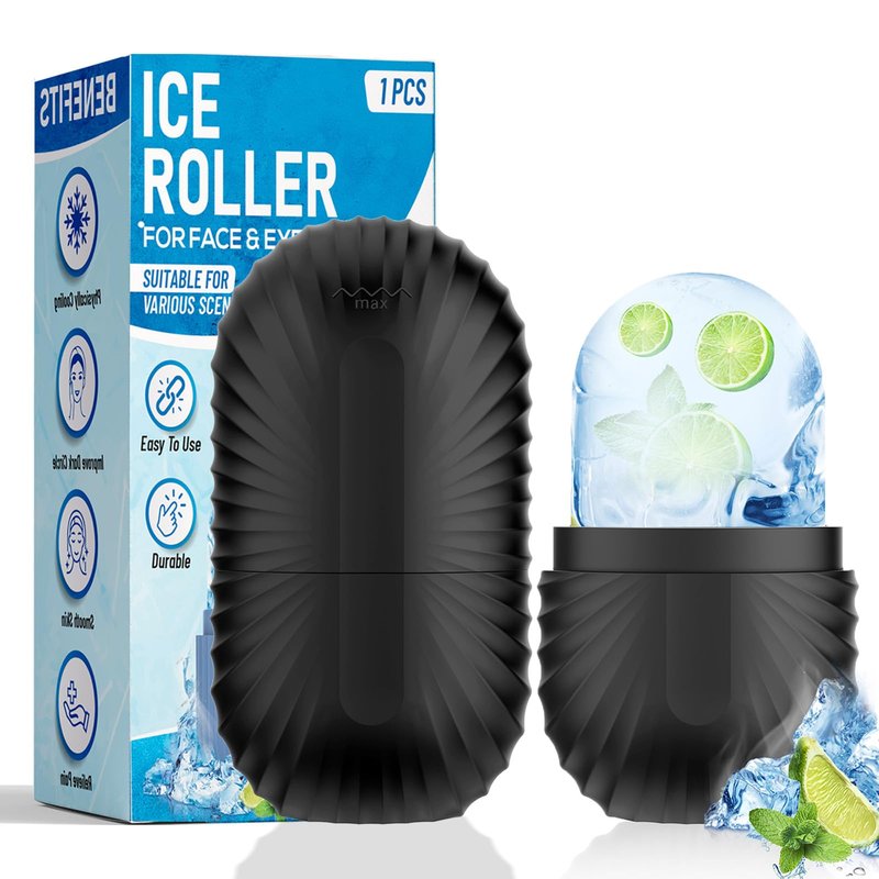 Ice Roller for Face and Eye, Reusable Silicone Ice Facial Roller Ice Holder, Face Ice Mold Skin Care, Ice Cube Roller for Shrink Pores Anti Wrinkle Reduce Puffiness, Black