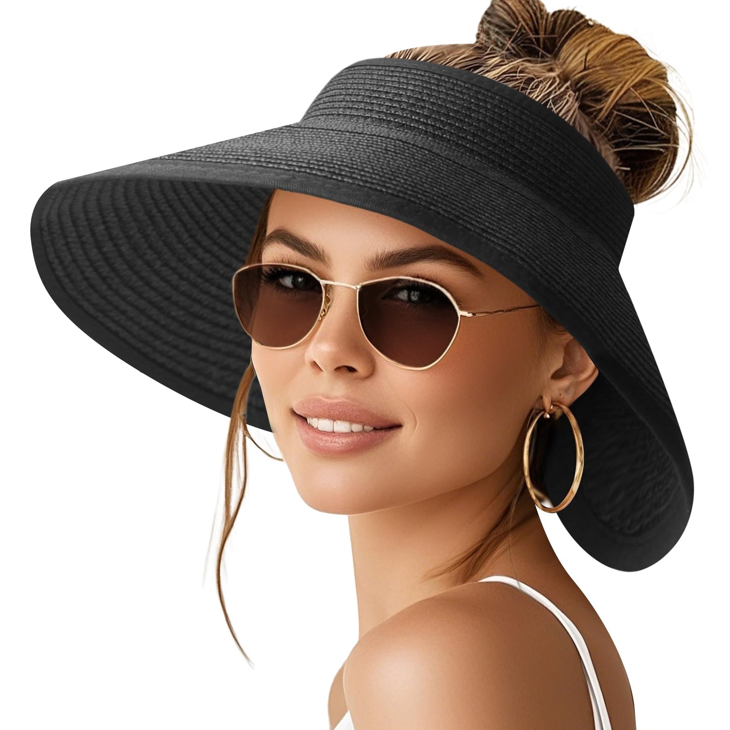 NPQQUAN Sun Visor Hats for Women Wide Brim Ponytail Straw Beach Hat Packable Foldable UPF 50+ Floppy Travel Hats Black