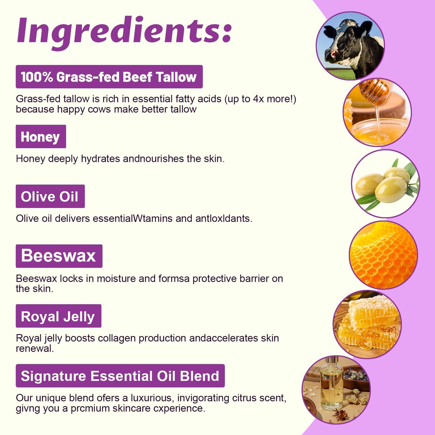 Whipped Beef Tallow for Skin Organic Grass Fed Beef Tallow, Tallow and Honey Balm with Lavender for Face & Body Natural Tallow Face Moisturizer Deep Hydration