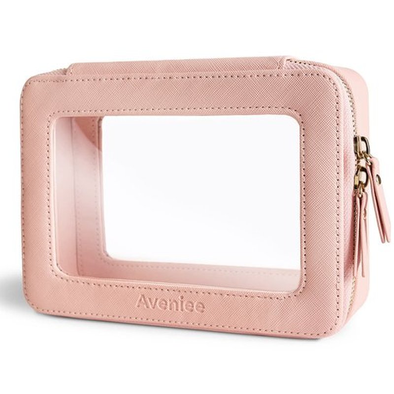Aveniee Clear Makeup Bag Organizer, Portable Travel Toiletry Cosmetic Bag Case for Women, Heavy Duty Make Up Pouch with Transparent Vinyl Windows & Gold Zippers(Pink)