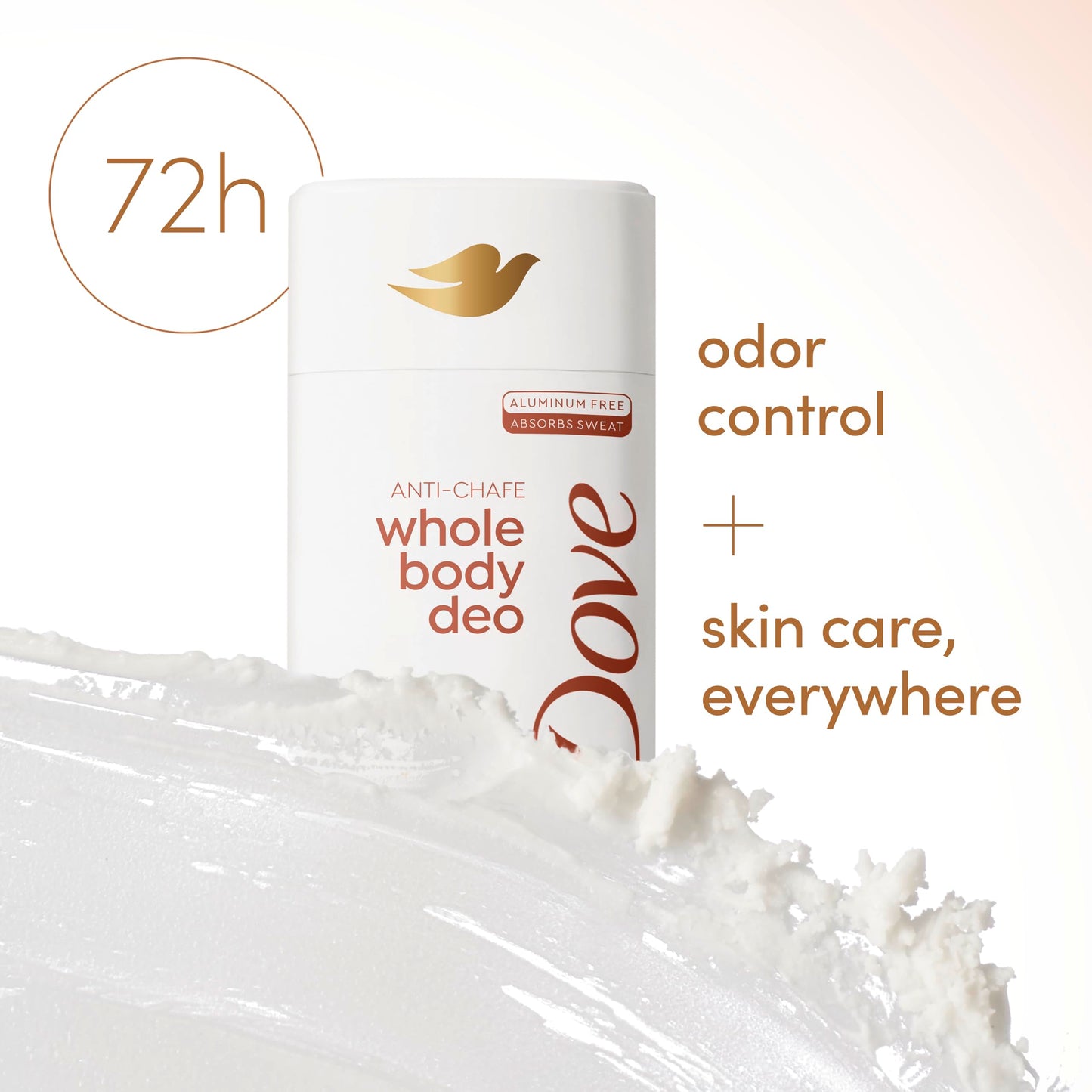 Dove Whole Body Deo Aluminum Free Anti-Chafe Deodorant Stick for Women Coconut Vanilla 2.4 oz