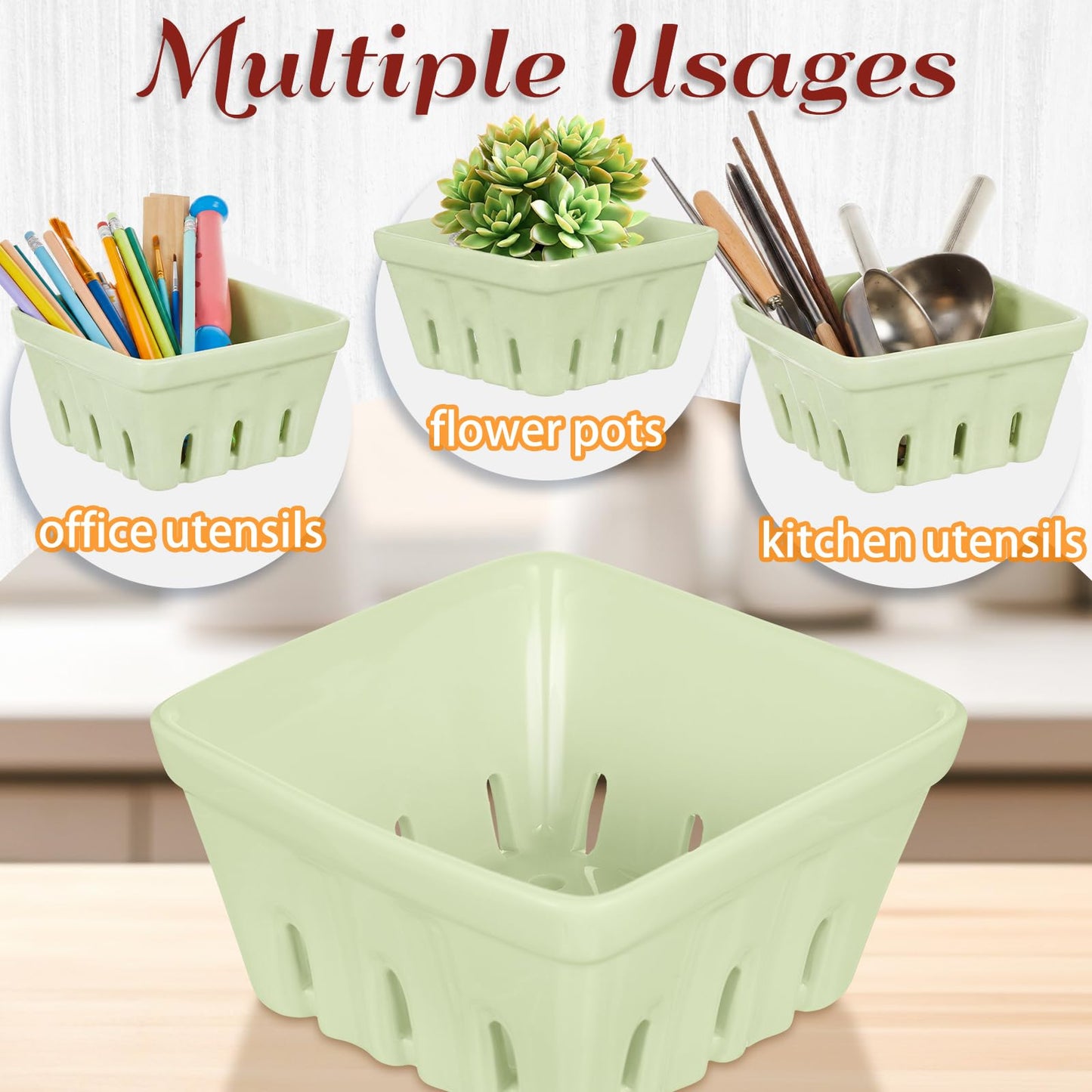 LemonRoad 3 Pcs Ceramic Berry Basket, 5.7" Square Fruit Bowl Colander Container with 1 Coaster 1 Sandpaper for Strawberry Grape Farmhouse Kitchen Decor, Summer BBQ Party Supplies(Light Green)