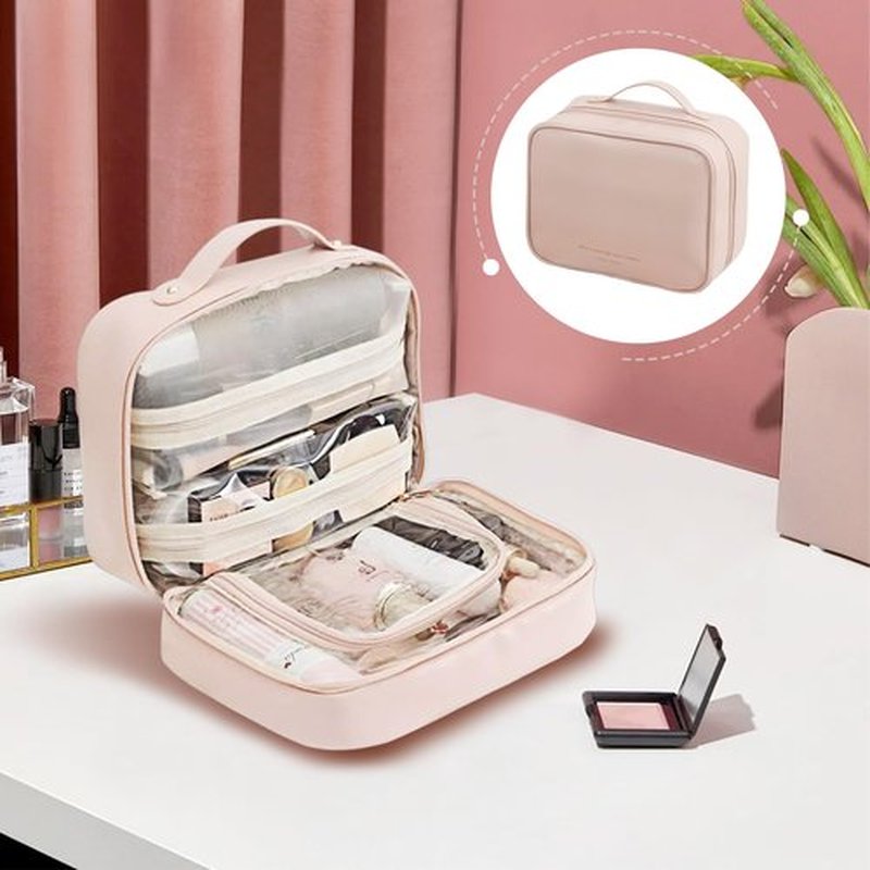 Doblopup Multi Compartment Toiletry Cosmetic Bag, PU Large makeup bag with compartments, Set Patient Multi Compartment Toiletry Cosmetic Bag For Women Girls Travel makeup bag with compartments (Pink)