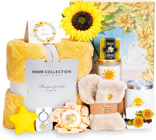 Get Well Soon Gift Basket for Women | 14-Piece Care Package with Sunflowers - Thoughtful Sympathy Gifts