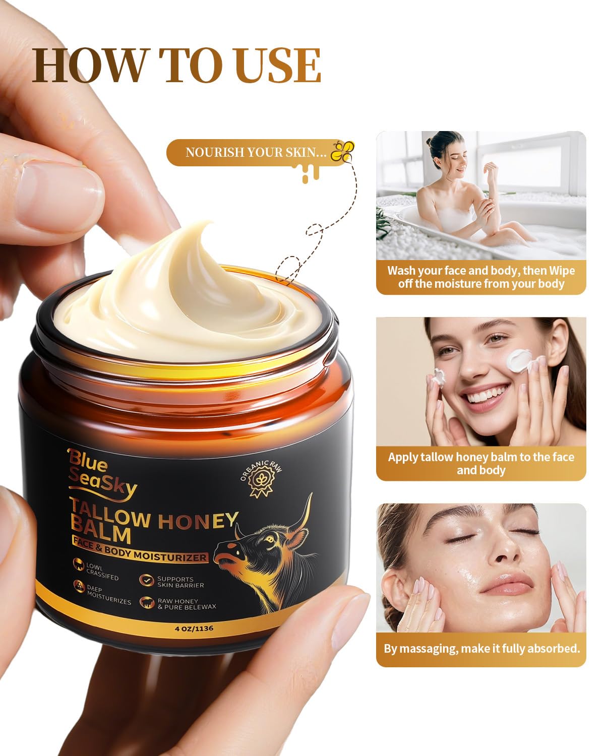 Beef Tallow for Skin 4/OZ Unscented Handmade Whipped Beef Tallow for Face Body & Moisturizer with Organic Grass-Fed Beef Tallow and Honey Balm Natural Formula for Dry Sensitive Skin (Unscented)