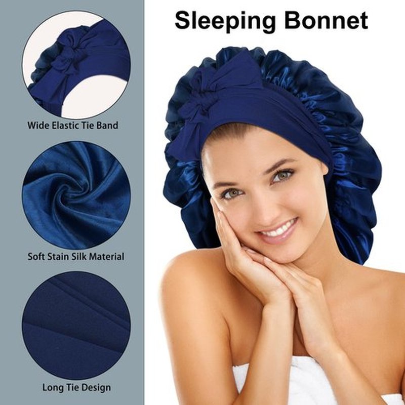 Arqumi 2 Pcs Satin Silk Bonnet for Sleeping Women, Large Long Strap Tie Band Adjustable Sleep Night Cap Hair Bonnet Wrap for Men, Black+Navy Blue