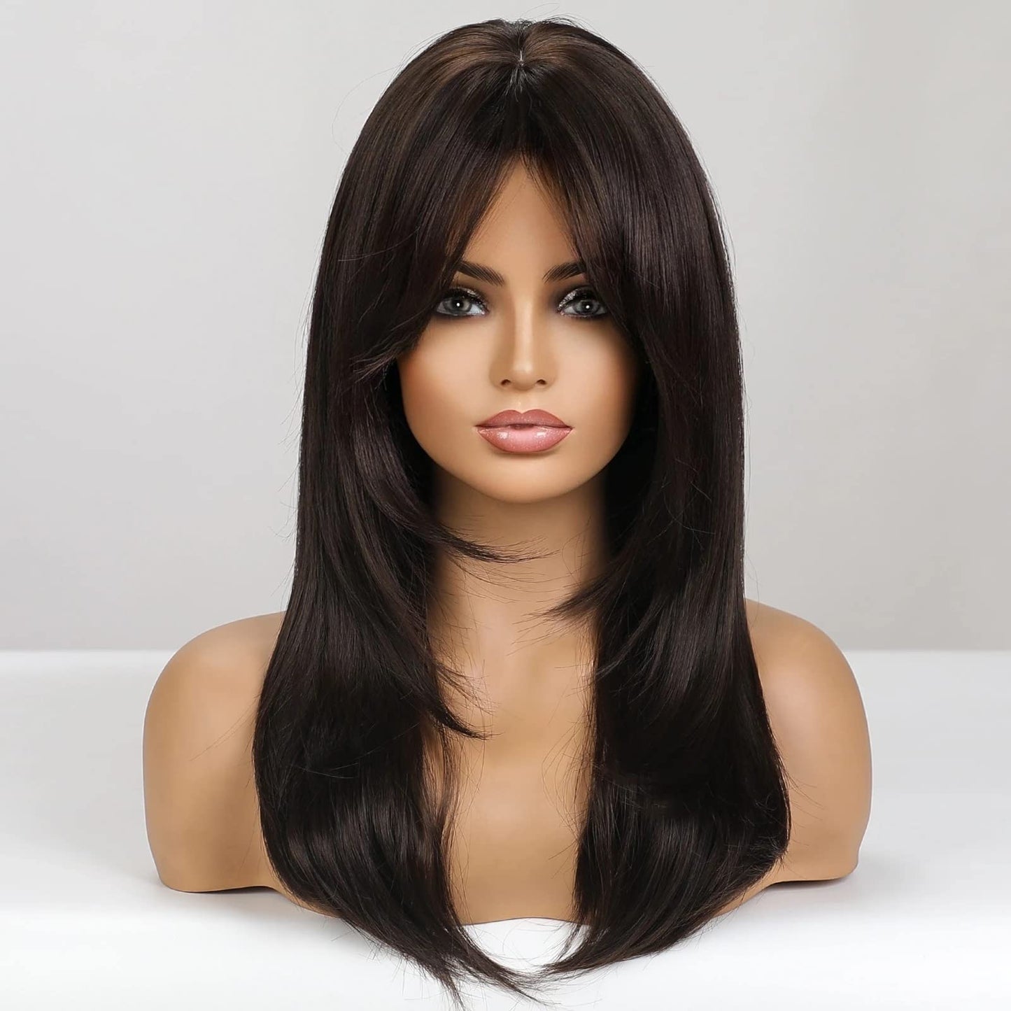 MAGQOO Dark Brown Wigs for Women Long Dark Brown Wig Dark Brown Layered Wig with Bangs Synthetic Heat Resistant