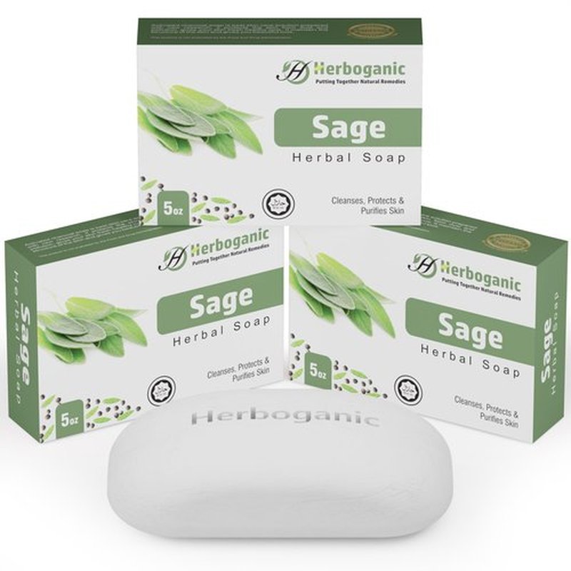 HERBOGANIC Sage Herbal Soap | Pack of 3 of 5oz soap Bar | Natural Bar Soap for Face and Body | Hydrating and Nourishing | Suitable for Men and Women