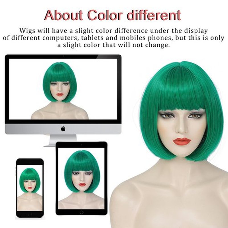 YBYMCAI Green Bob Wig With Bangs Short Dark Green Bob Wigs For Women Straight Bob Bangs Wig 10 Inch Heat Resistant Synthetic Hair Natural Looking For Daily Party Use