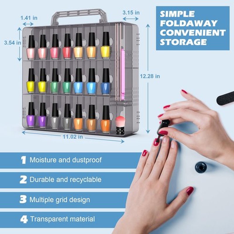 Beloving 2pcs Nail Polish Organizer, Gel Nail Polish Storage Double Side Nail Polish Organizer Case for Nail Tech, Portable 48 Bottles Clear Nail Polish Holder with Adjustable Divider Grey