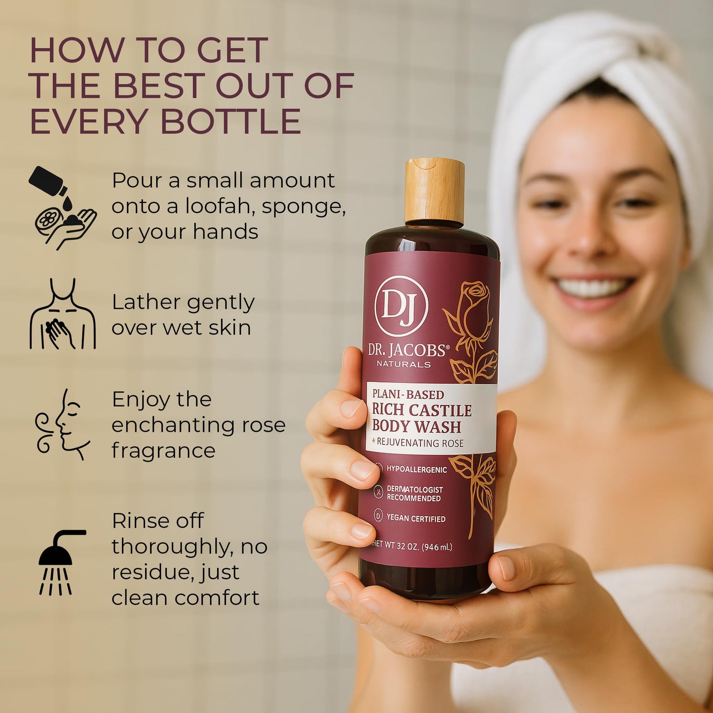 Dr. Jacobs Naturals Pure Castile Soap Liquid Body Wash, Rose - Plant Based Body Soap Infused with Vitamin E and Aloe Vera to Moisturize Dry and Sensitive Skin - Made in The USA - 16 oz, Pack of 2