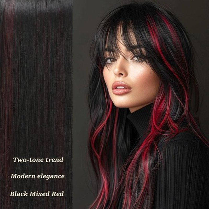 Amarlis Black with Red Wigs for Women, Long Straight Stripes Color Wigs with Bangs, Natural Looking Soft Synthetic Fiber Wig for Daily Party