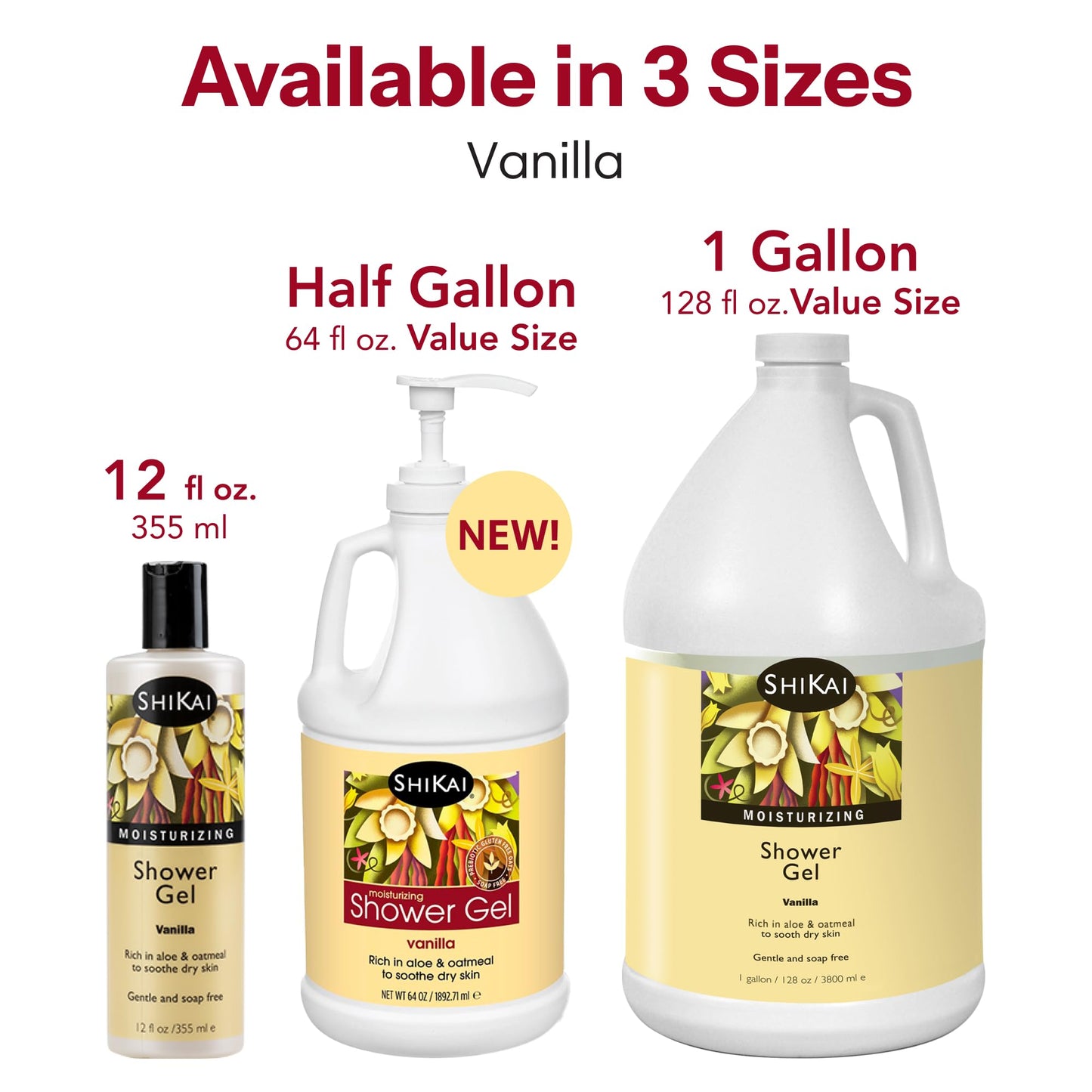 ShiKai Daily Moisturizing Shower Gel (Vanilla, 12oz, Pack of 3) | Gentle Formula | Aloe Vera & Oatmeal for Soft, Healthy Skin | Dry Skin Relief