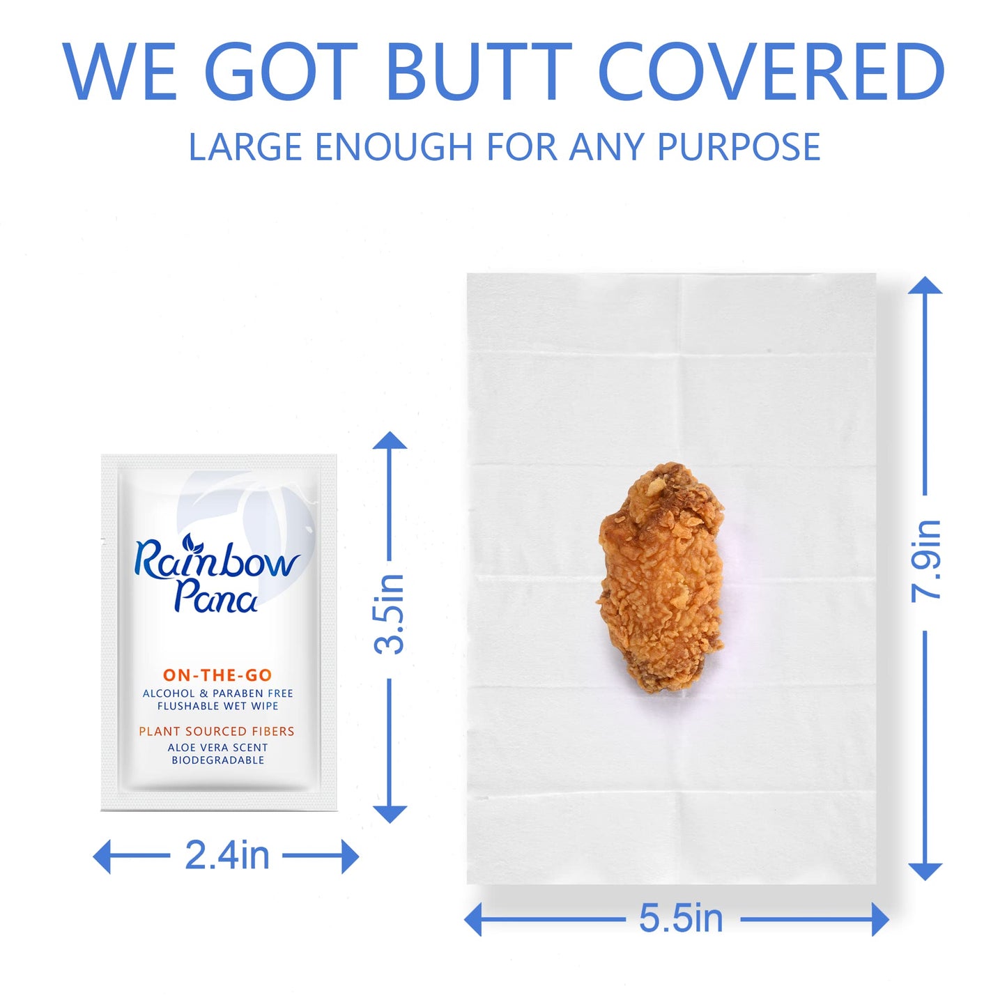 RainbowPana Flushable Wipes - 120 Count, ON-THE-GO Individually Wrapped - Travel Butt Wipes for Men and Women, Family - Infused with Vitamin E and Natural Aloe, pH Balanced, Paraben/Fragrance/Alcohol Free, 100% Plant Sourced Fibers - Cleanse and Moisturiz