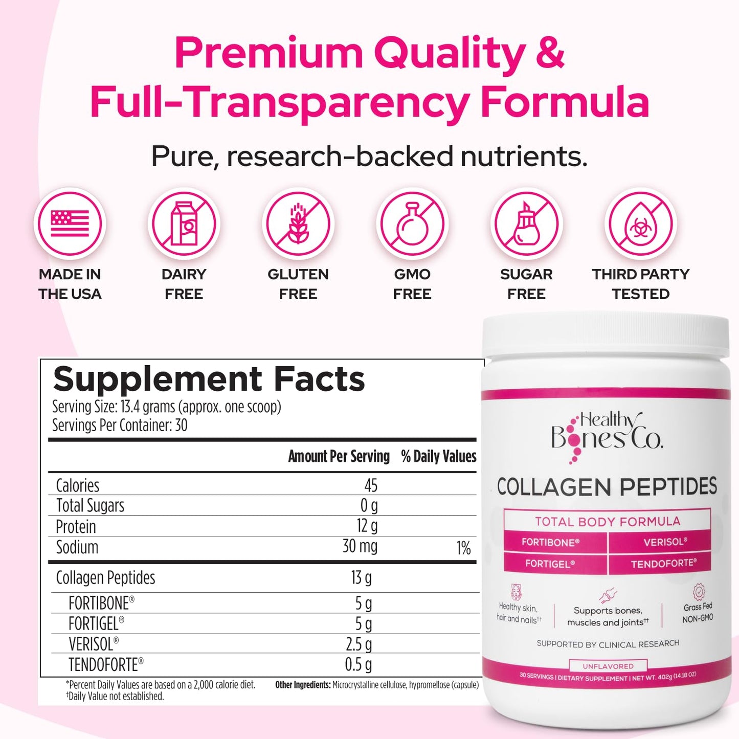 FORTIBONE® Premium Bone Health Collagen Peptides w/FORTIGEL®, VERISOL® & TENDOFORTE®, Clinically-Supported for Bones, Joints Skin Hair Nails, Hydrolyzed Collagen, Anti-Aging Formula (30 Servings)