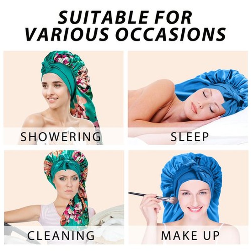 2Pcs Bonnets for Black Women Braid Bonnet, Large Long Bonnet Satin Bonnet for Braids,Black Women Silk Bonnet with Stretchy Tie Band Braid Bonnet for Sleeping Extra Long (Blue&Printing Flower) Purple