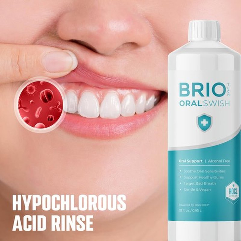 BRIOTECH Pure Hypochlorous Acid Oral Swish, Alcohol Free Mouthwash Rinse, Gentle Oral Care Hygiene, Fight Bad Breath, Support Against Plaque, Gum Irritation & Tender Gums, 16.9 fl oz