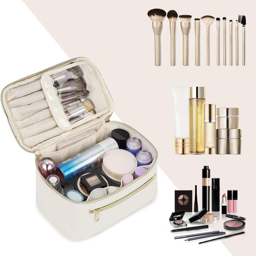 Wandering Nature Makeup Bag, Travel Make Up Organizer Cosmetic Brush Bags Case for Women in Vegan Leather, Milky White(Patent Pending)